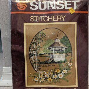 Crewel Needlepoint Sunset Stitchery Summer in the Park Scene Embroidery Kit 1979